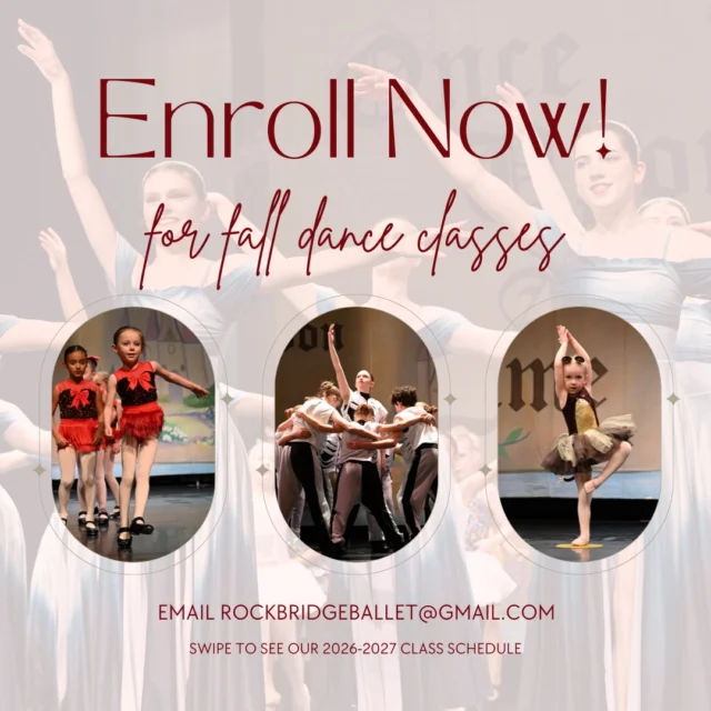 ✨ Enrollment is OPEN for our 2026-2027 dance season! ✨

📧 Email rockbridgeballet@gmail.com to register for dance classes and to ask any questions about placement or class suggestions. 

➡️ Swipe to see our class schedule.

See you at the studio! 🪩